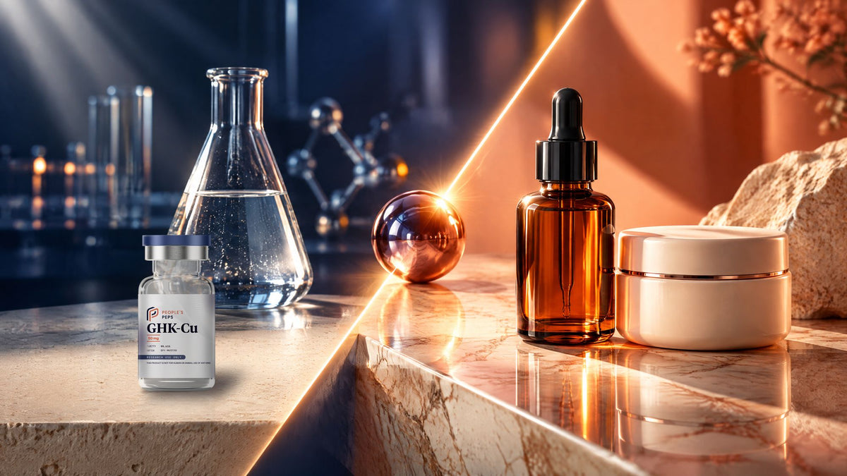 Laboratory flask and a People's Peps GHK-Cu vial on one side, a cosmetic dropper bottle and jar on the other