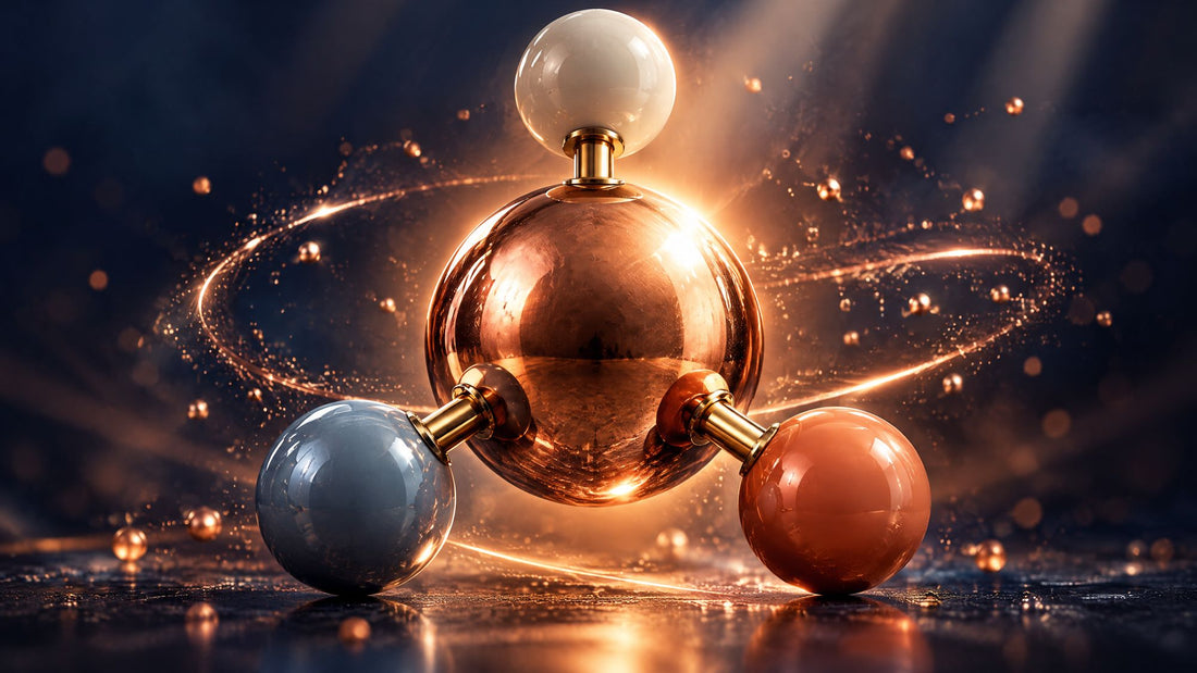 Polished copper sphere held by three beads, a model of the GHK-Cu copper peptide complex