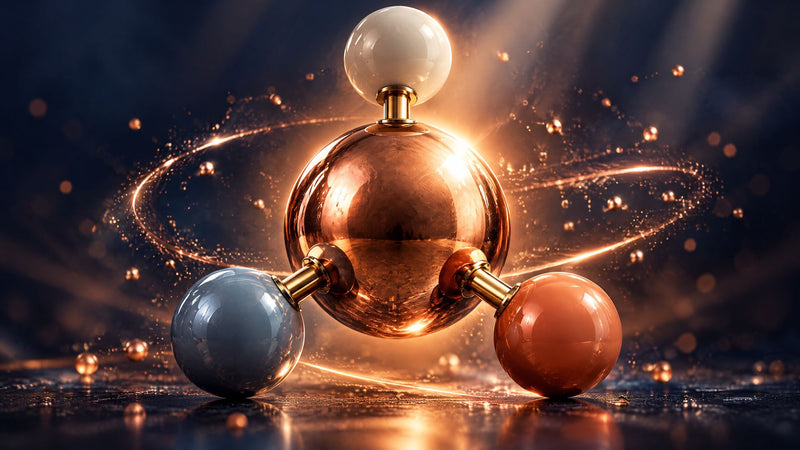 Polished copper sphere held by three beads, a model of the GHK-Cu copper peptide complex