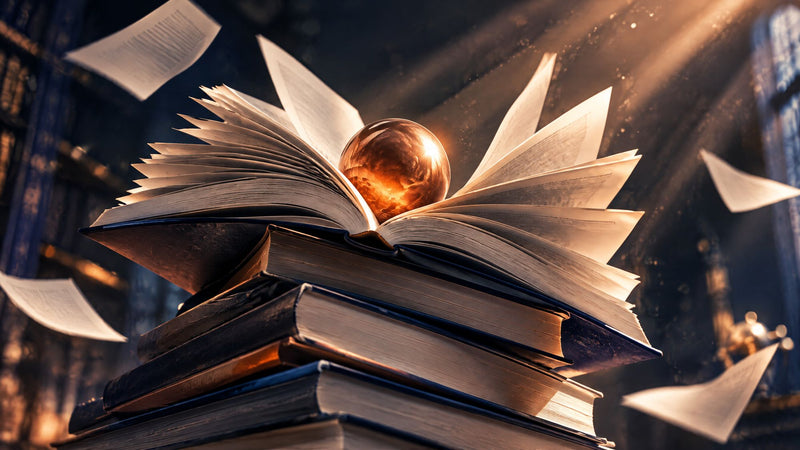 Stack of open research journals with lifting pages and a glowing copper sphere on top