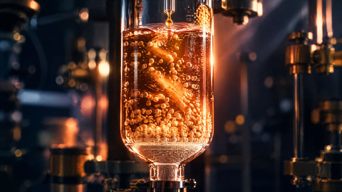 Glass solid-phase synthesis vessel with resin beads swirling in amber-lit liquid