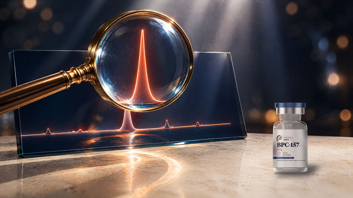 Magnifying glass over a glowing chromatogram peak beside a People's Peps BPC-157 10 mg vial