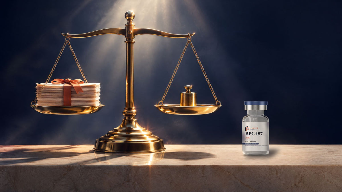 Brass balance scale weighing research documents beside a People's Peps BPC-157 10 mg research vial