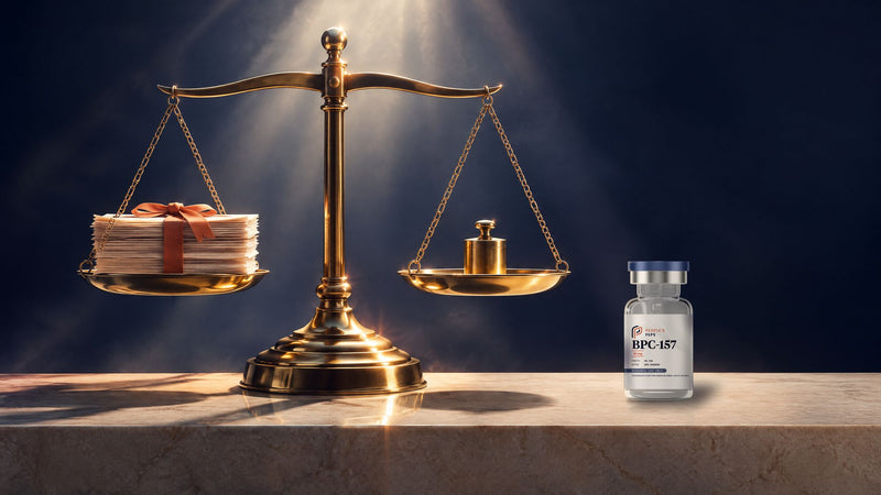 Brass balance scale weighing research documents beside a People's Peps BPC-157 10 mg research vial