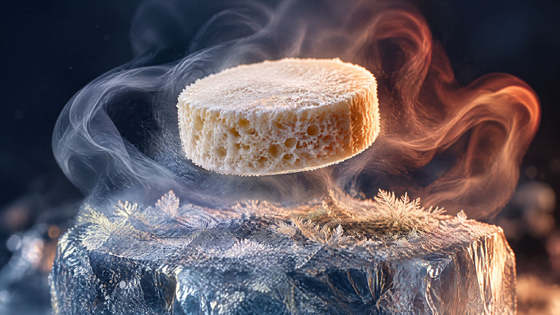 Freeze-dried peptide cake floating above frosted ice in cold vapor