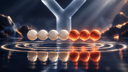 Seven-bead peptide chain floating above rippling water in front of a frosted Y-shaped antibody sculpture