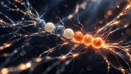 Seven-bead peptide chain threading through a glowing signaling network