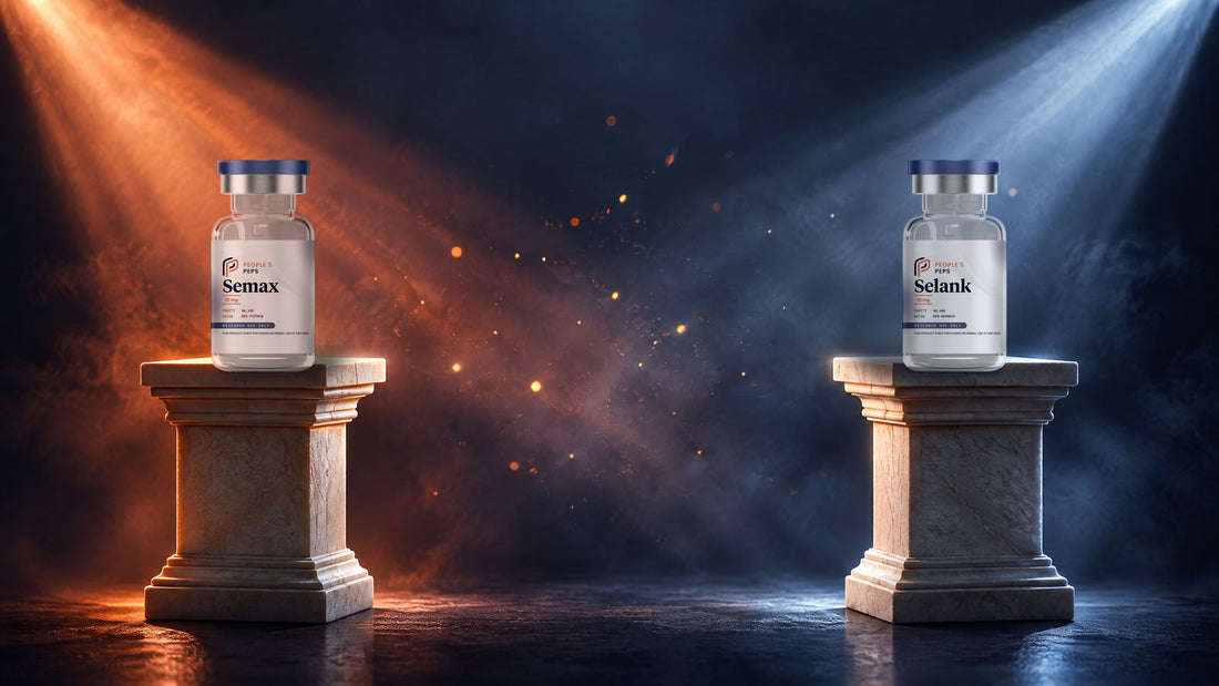 People's Peps Semax and Selank research vials on facing pedestals under terracotta and slate blue spotlights