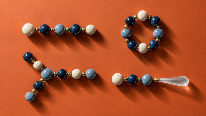 Linear, cyclic, branched and tailed bead models of peptide types on a terracotta background
