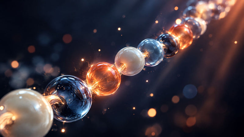 Glowing chain of glass beads representing amino acids linked into a peptide
