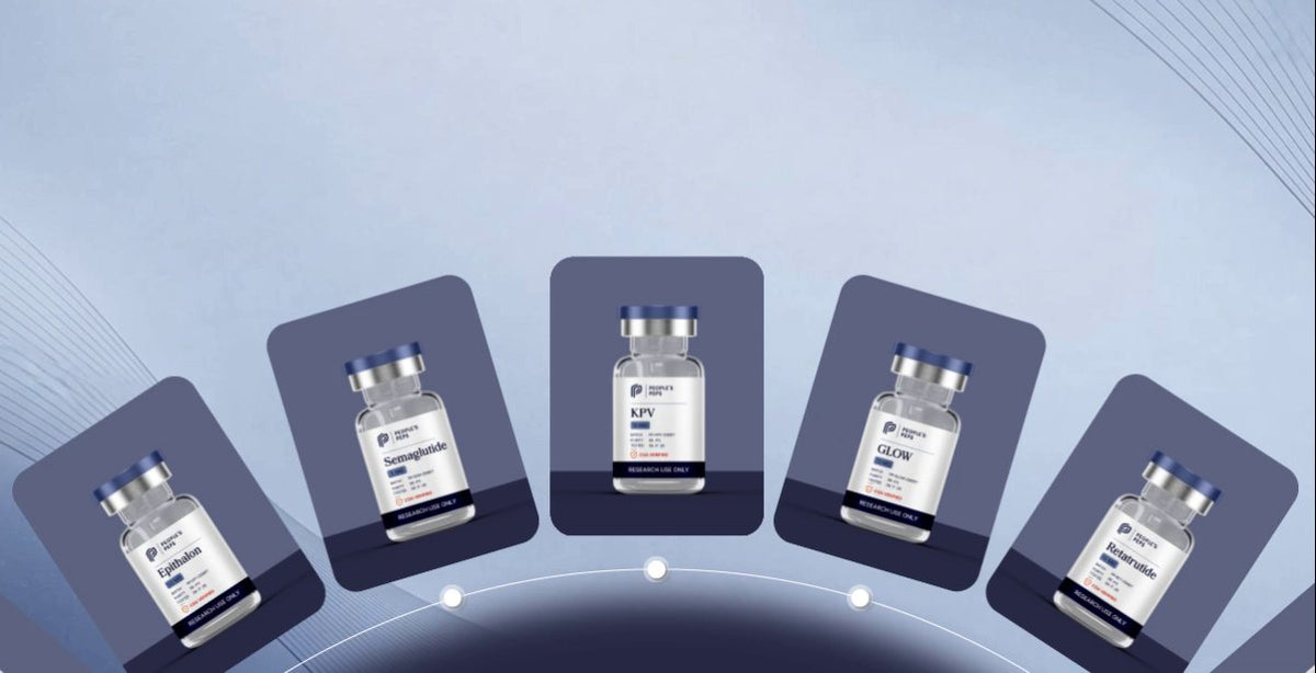 People's Peps research peptide vials on a curved display carousel