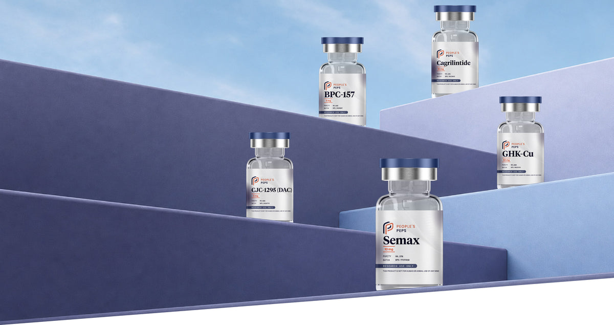 People's Peps research vials on a stepped stand: Semax, BPC-157, Cagrilintide, CJC-1295 (DAC) and GHK-Cu. Research use only.