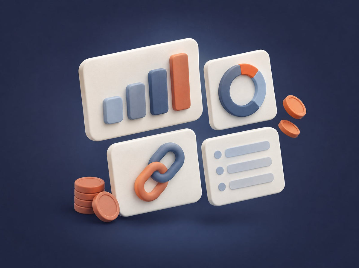 Illustration of an affiliate dashboard with a bar chart, a ring chart, a link symbol and a ledger