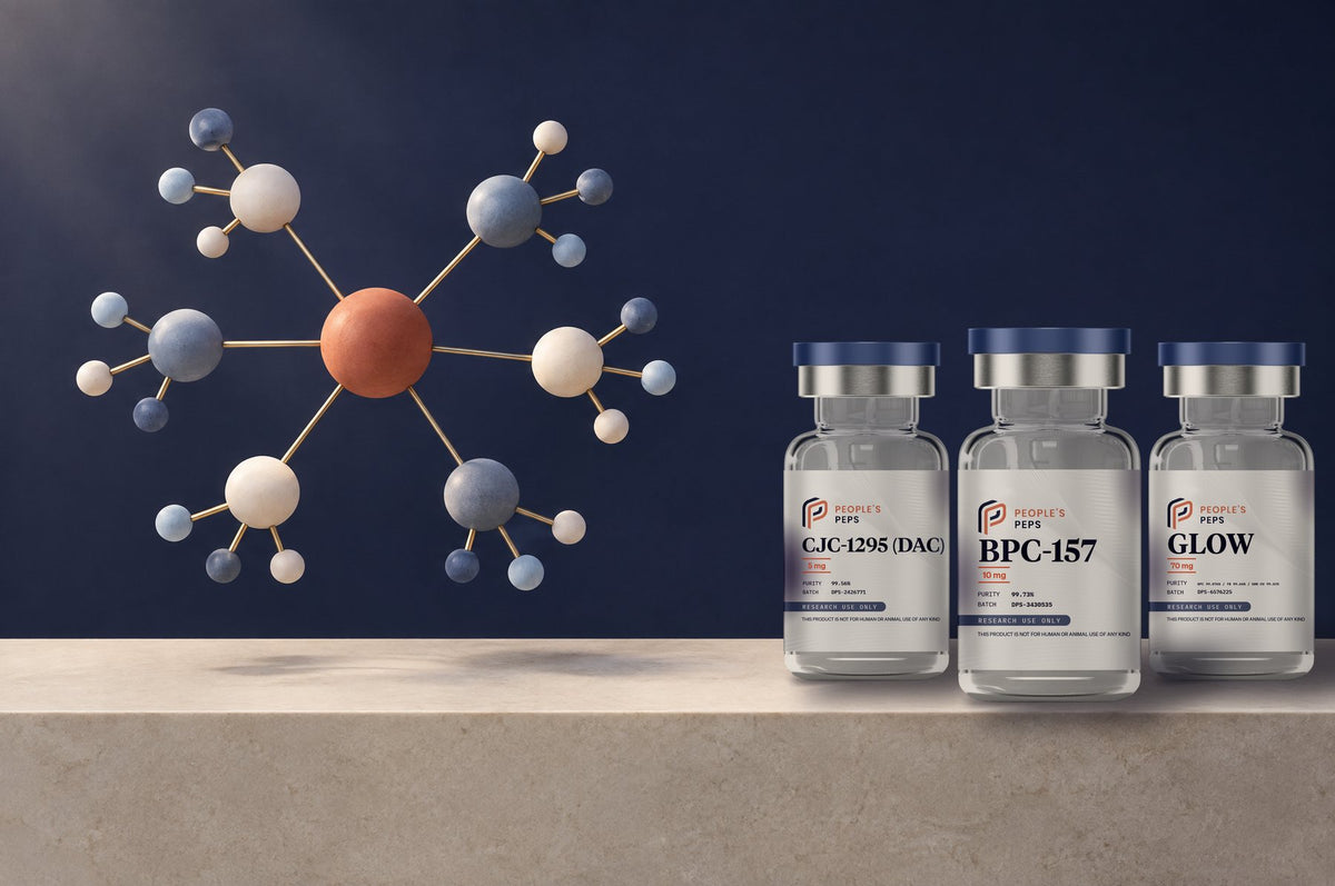 People's Peps CJC-1295 (DAC) 5 mg, BPC-157 10 mg and GLOW 70 mg research vials beside a sculpture of linked spheres