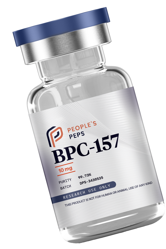 People's Peps BPC-157 10 mg research vial, tilted, batch DPS-3430535, research use only