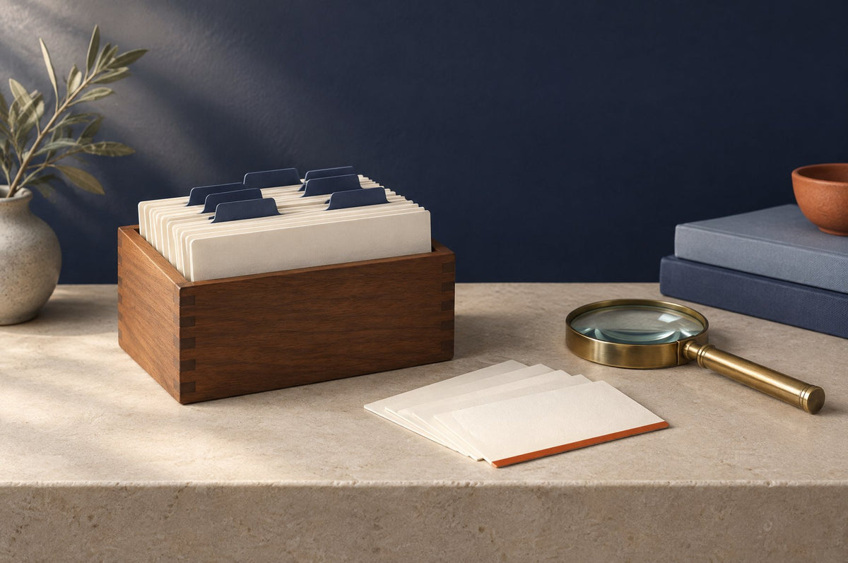 Index card box with navy tabs, loose cards and a magnifying glass on a stone ledge