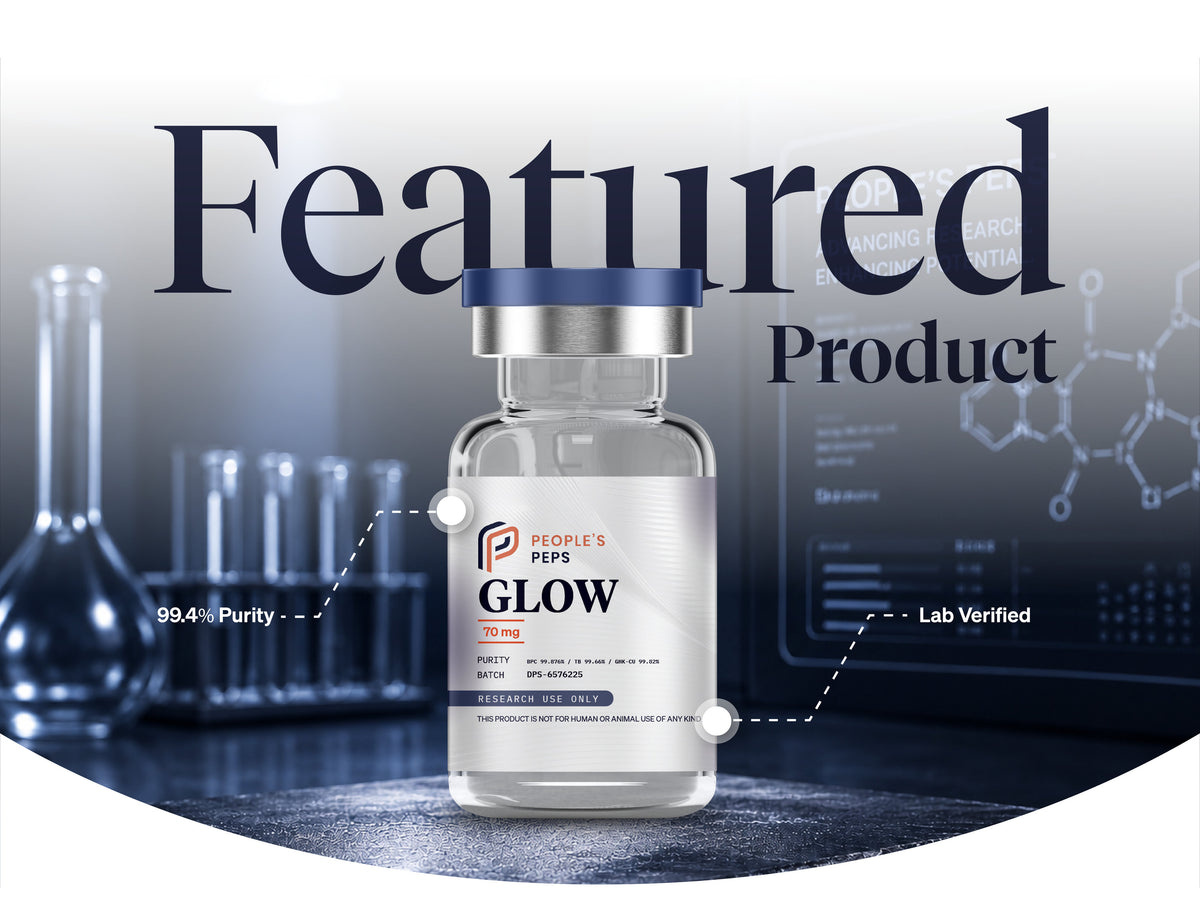 Featured product: People's Peps GLOW 70 mg research vial, batch DPS-6576225, in a laboratory scene, research use only