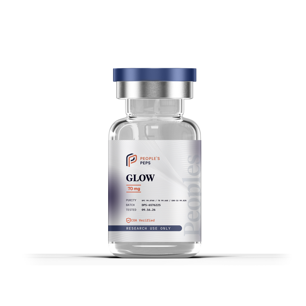 GLOW 70 mg vial label: purity BPC 99.876% / TB 99.66% / GHK-Cu 99.82%, batch DPS-6576225, tested 09.16.26, COA verified, research use only