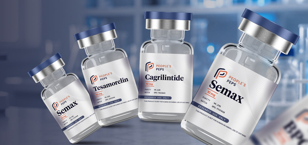 People's Peps Semax, Tesamorelin and Cagrilintide research vials on a laboratory bench