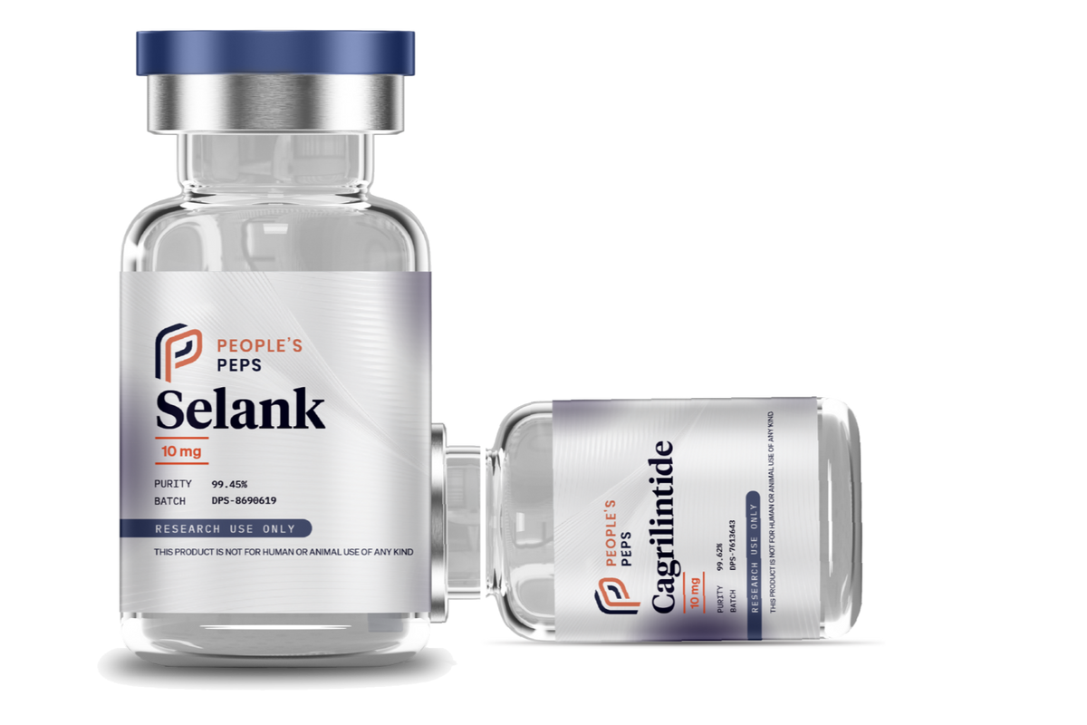 People's Peps Selank 10 mg vial upright and Cagrilintide 10 mg vial on its side