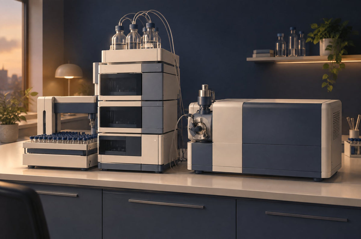 Liquid chromatography and mass spectrometry instruments on a laboratory bench