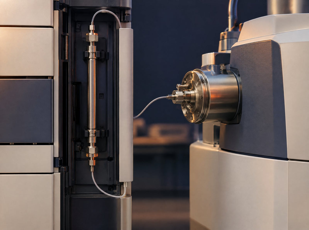 Chromatography column connected to the inlet of a mass spectrometer