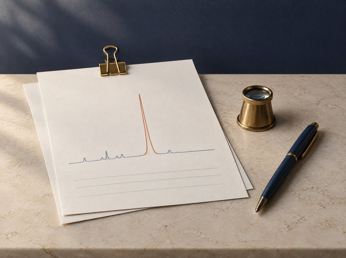 Two printed laboratory reports with a chromatogram, a loupe and a pen