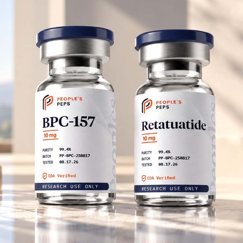 Two People's Peps vials on a marble counter