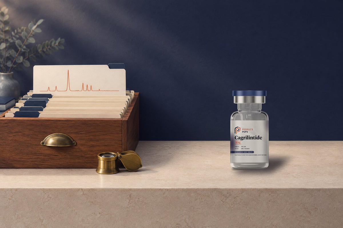 People's Peps Cagrilintide 10 mg research vial on a stone ledge beside a wooden card file and a brass loupe