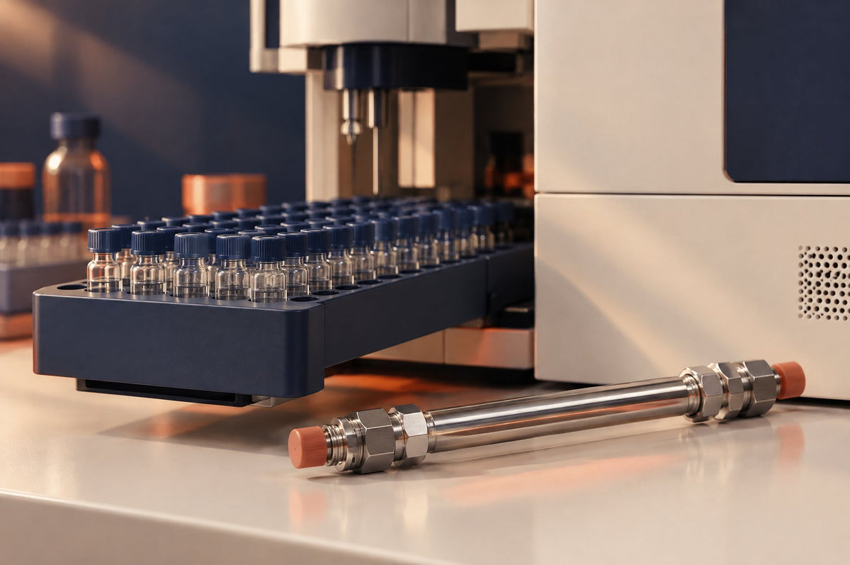 Autosampler tray of sample vials and a chromatography column on a laboratory bench