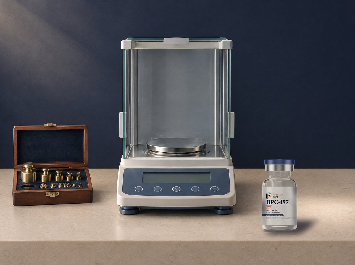 People's Peps BPC-157 10 mg research vial beside an analytical balance and a set of calibration weights