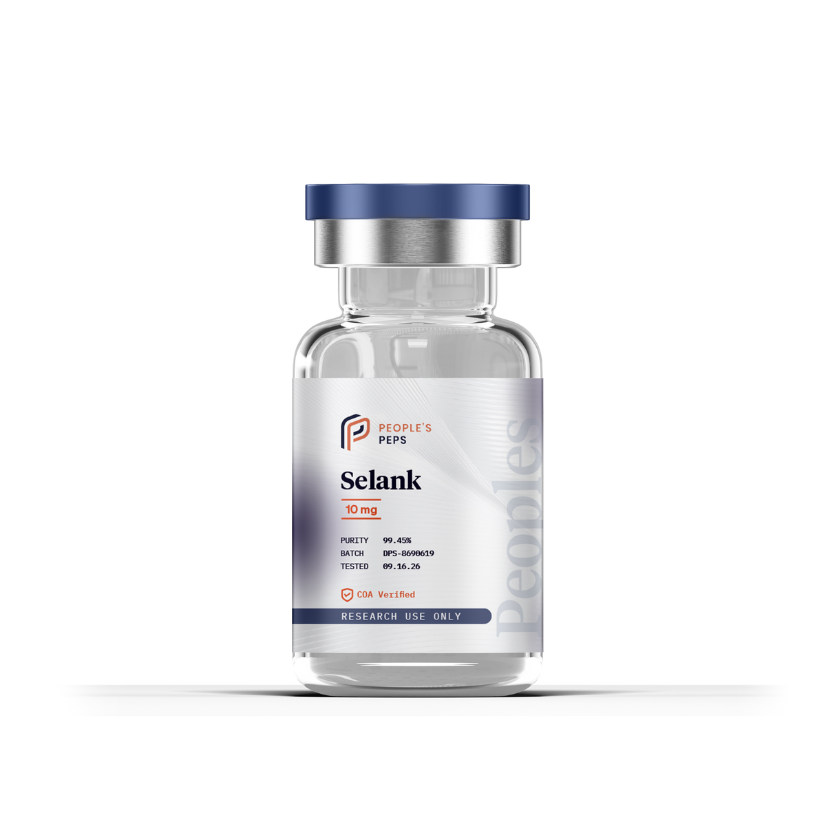 Selank 10 mg vial label: purity 99.45%, batch DPS-8690619, tested 09.16.26, COA verified, research use only