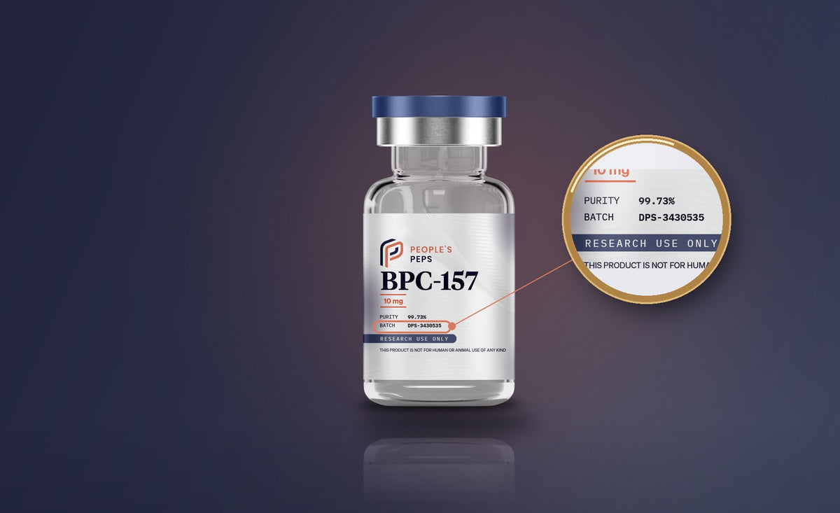 People's Peps BPC-157 10 mg vial with a loupe over the batch number printed on its label