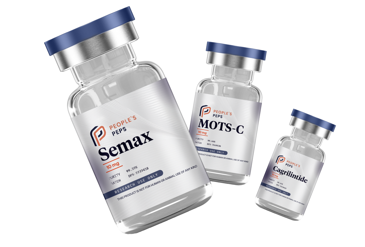 People's Peps Semax 10 mg, MOTS-C 10 mg and Cagrilintide 10 mg research vials